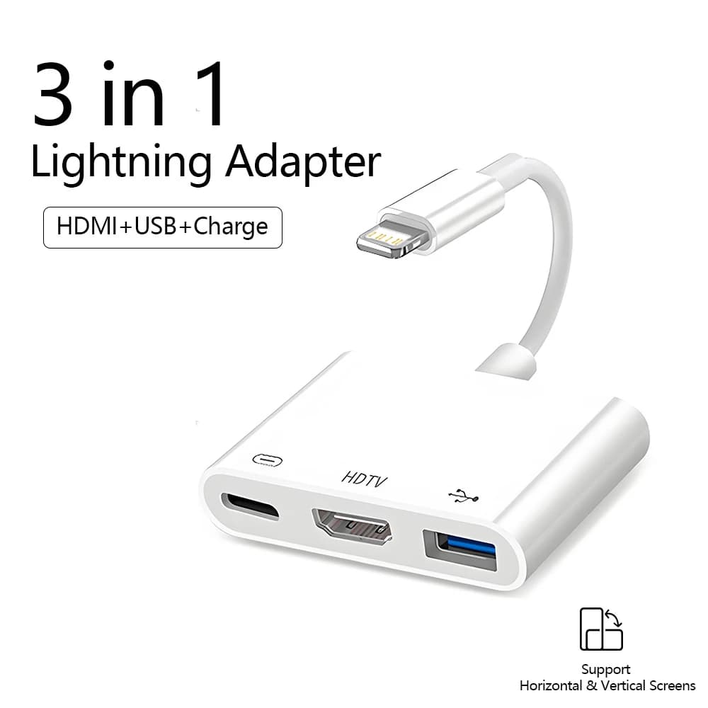 Adapter from Lightning to HDMI 3 in 1, USB 3.0 port and USB-C charging port compatible for MacBook Pro iPad Air iPhone 14 13 12