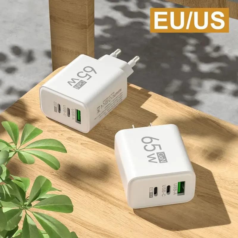 【C】1Pcs 65W GaN USB Charger 3 Ports PD Type C Fast Charging EU/US/KR Plug Travel Wall Adapter Quick Charge USB C Charger Power