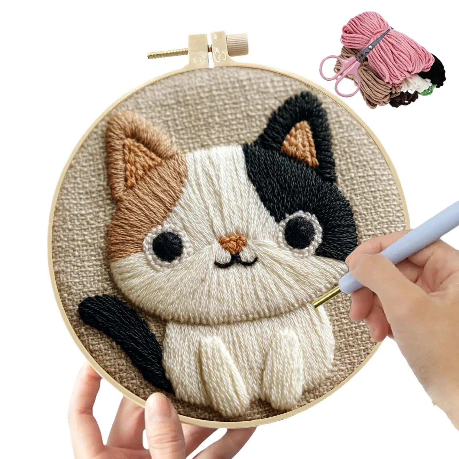 Punch Needle Kits Adults Beginner Cute Cat Theme Craft Embroidery Set Punch Embroidery Kit for Stress Relief Parent-Child