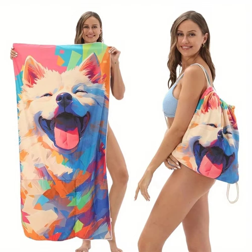 Asciugamano 2-in-1 con Zaino Integrato, Stampa Cane, Asciugatura Rapida, Pieghevole, per Spiaggia, Piscina, Campeggio, Viaggi
