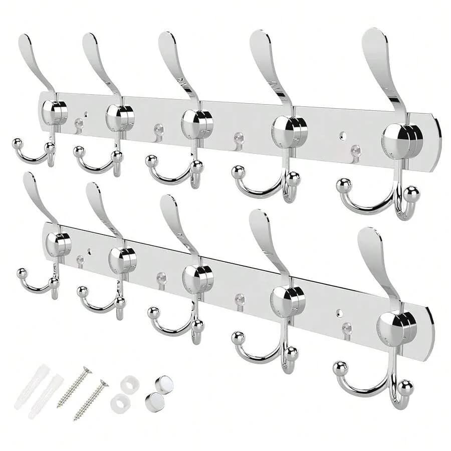 GlazieVault Coat Rack Wall Mount - Stainless Steel Coat Hooks 2 Pack - Heavy Duty Wall Hooks For Clothes and Accessories (Silve