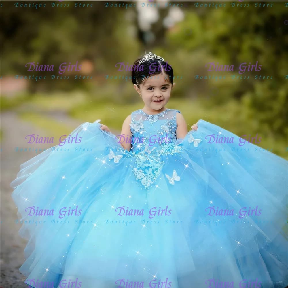 Bellissimo vestito da ragazza di fiore per bambina in tulle blu soffice con applicazioni per abiti da sera per feste di compleanno per bambini da principessa