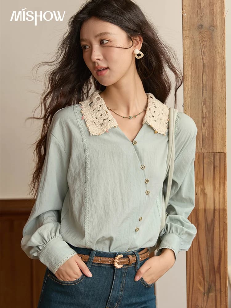 MISHOW Camicia di lino da donna 2025 Autunno Contrasto albicocca Camicie con risvolto Manica lunga con abbottonatura curva Top Office Lady MXE43C2387