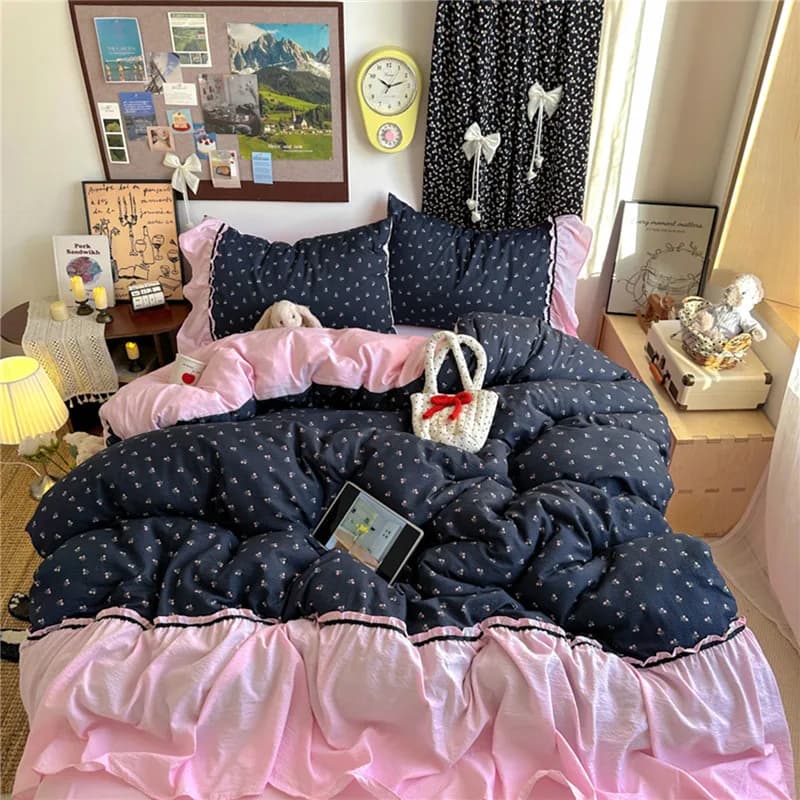 Korean Bedding Set Luxury Quilt Cover Pillowcase Flat Bed Sheet Sheet Girl Princess Ruffle Home Textile Christmas