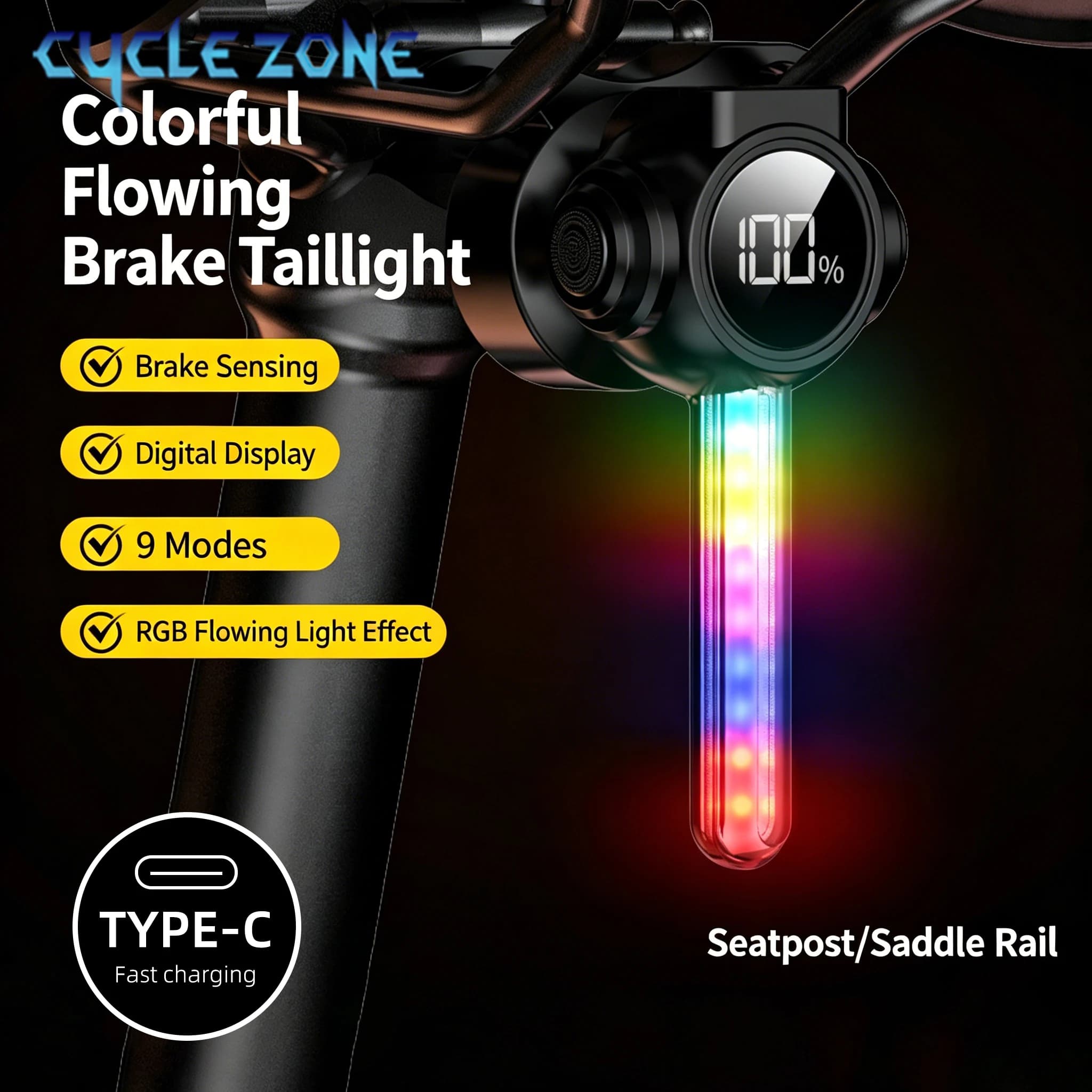 Smart RGB Flowing Bicycle Taillight Smart Brake Sensing Bike Rear Light Night Riding Safety Warning Light Cycling Accessories
