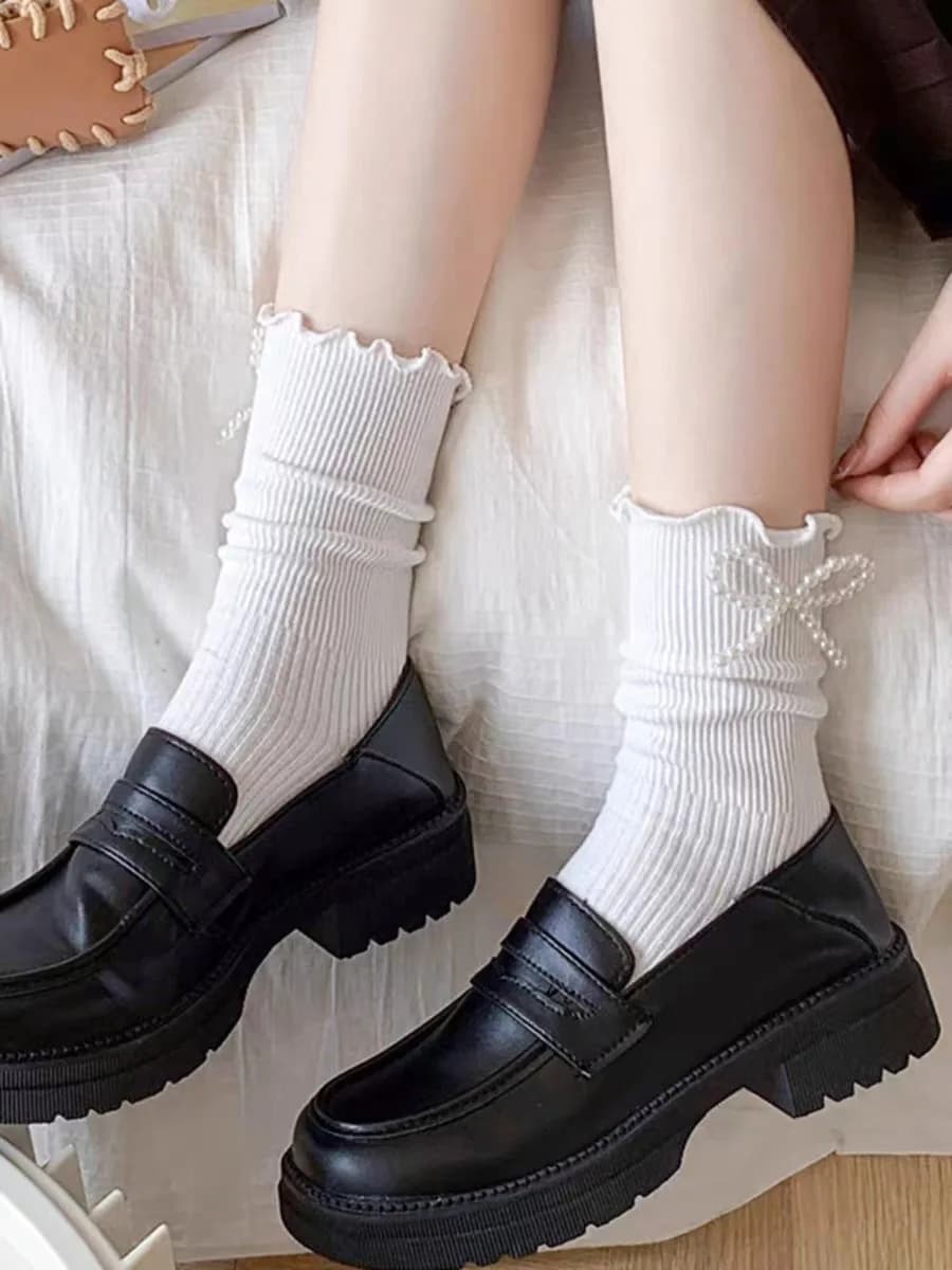 Women Socks Cotton Female Thin Cute Sweet Kawaii Lolita Harajuku Summer Pearl Stockings White Black Ruffle Girls Sox Lace Sock
