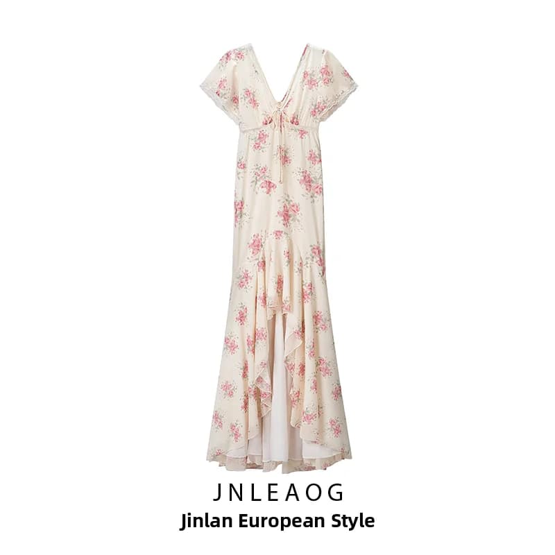 JNLEAOG Summer New Women's Fashion Cross-Border Elegant Daily Sleeveless V-Neck Patchwork Long Dress Polyester H Version