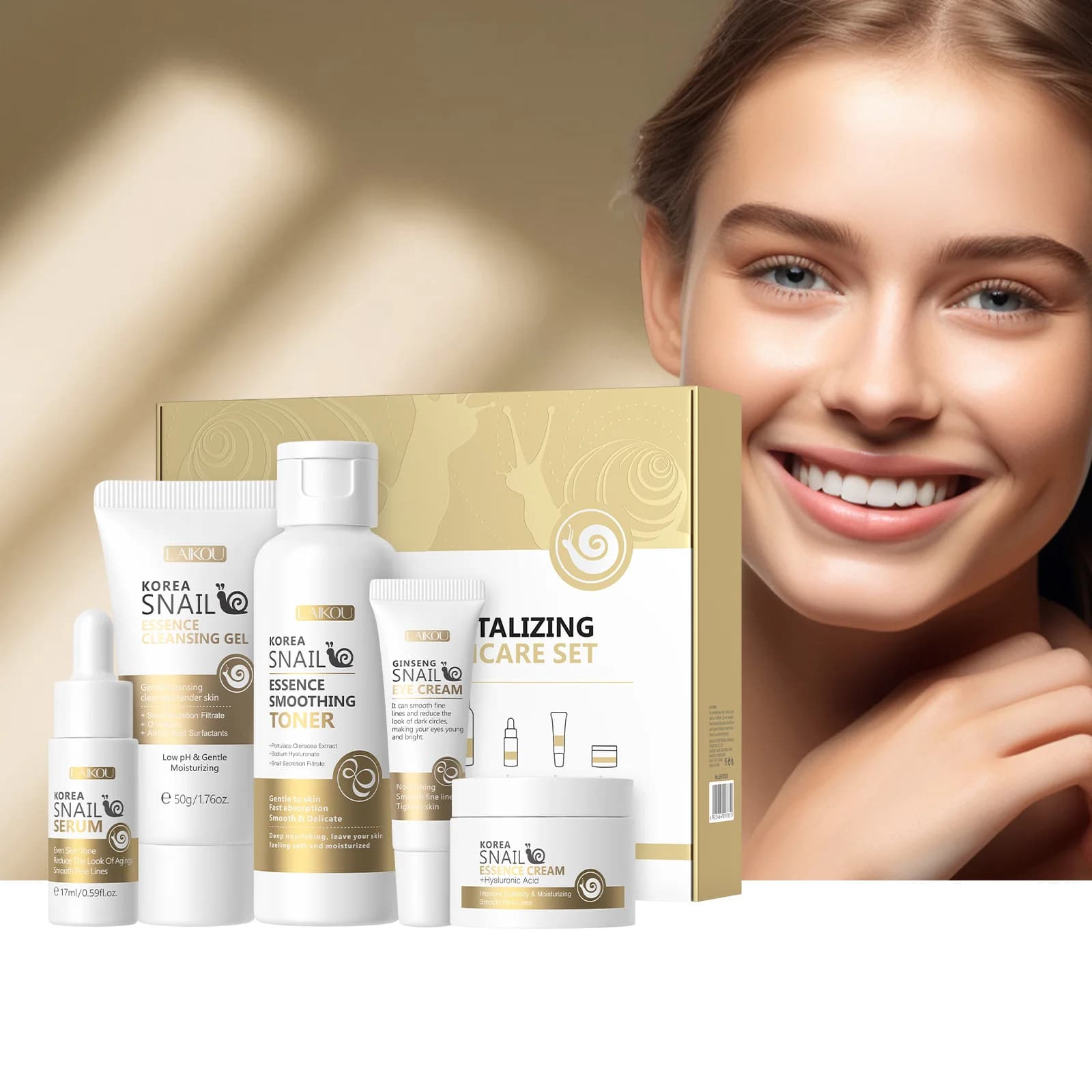 5 pcs In Box Korea Snail Set For Skin Care Snail Face Detergent Essence Cream Levigating Toner Serum Repair Cream For Eyes Collagen Set