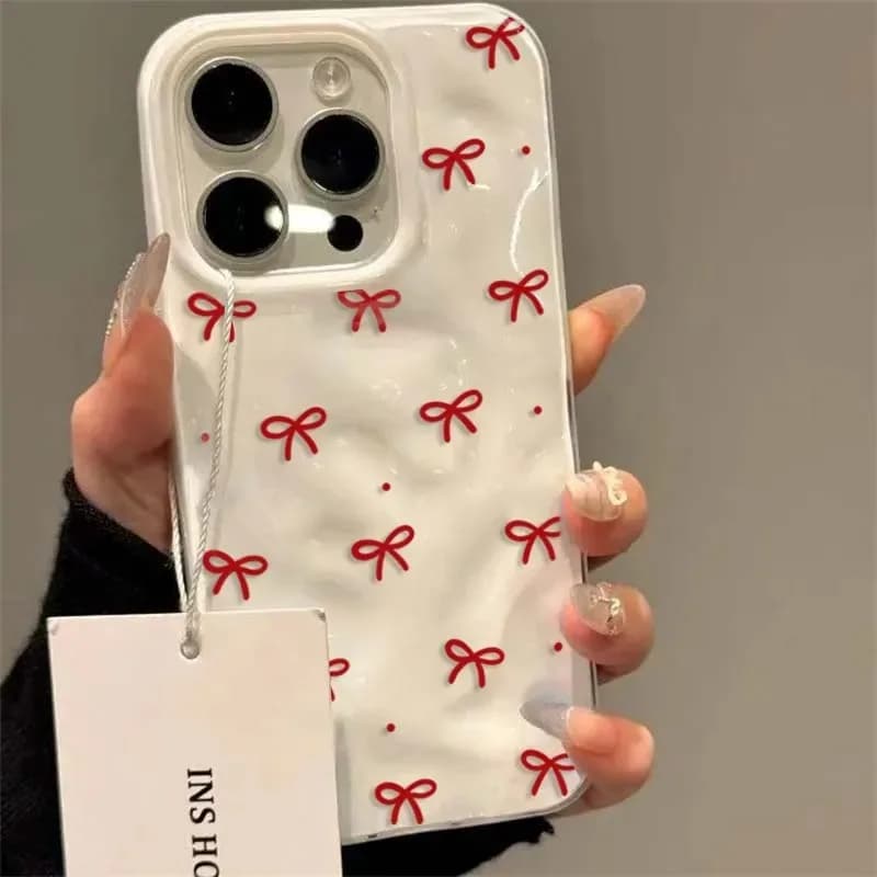 Custodia per telefono con trama di pieghe con motivo fiocco rosso per IPhone 17 Pro Max Air 16 Plus 15 14 13 12 11 Custodia per paraurti in silicone antiurto