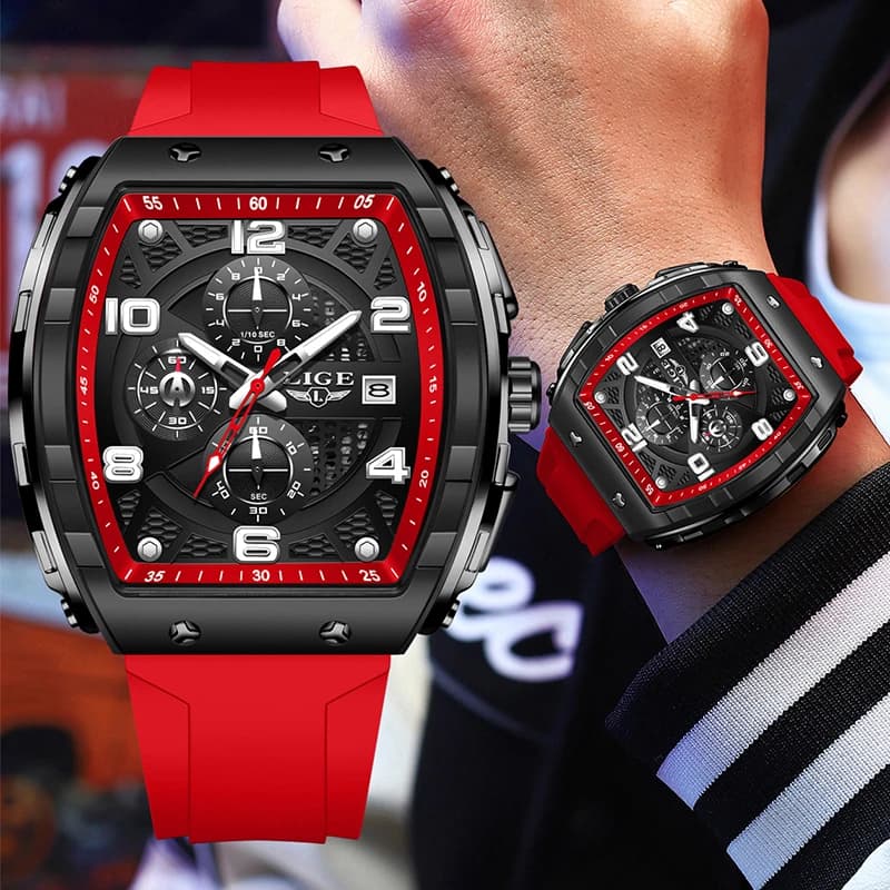 LIGE wristwatch in Red Silicone for Men, Sporty, Waterproof, Chronograph at the Luxury Quartz