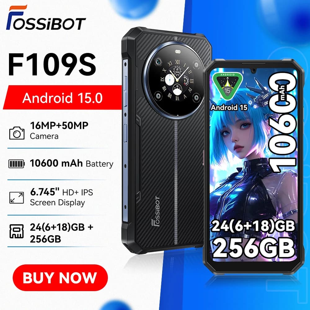 FOSSIBOT F109 S Smartphone Robusto Android 15 da 10600mAh 18W, 6GB RAM 256GB ROM, Display HD+ da 6.745\", Doppia Fotocamera da 50MP, Doppio Schermo, NFC