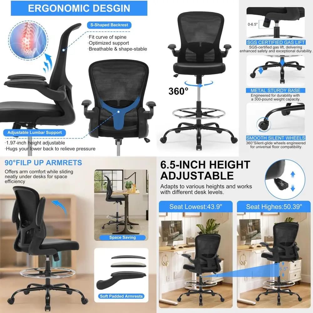 Sedia da Ufficio Ergonomica Regolabile con Supporto Lombare, Seduta in Rete, Cuscino Imbottito in Pelle PU e Braccioli Ribaltabili
