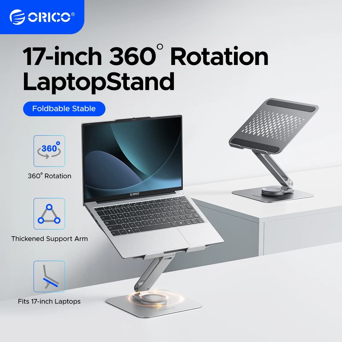 Supporto pieghevole per laptop ORICO in lega di alluminio, supporto regolabile a 360° per notebook fino a 17 pollici, supporto pieghevole da scrivania per laptop