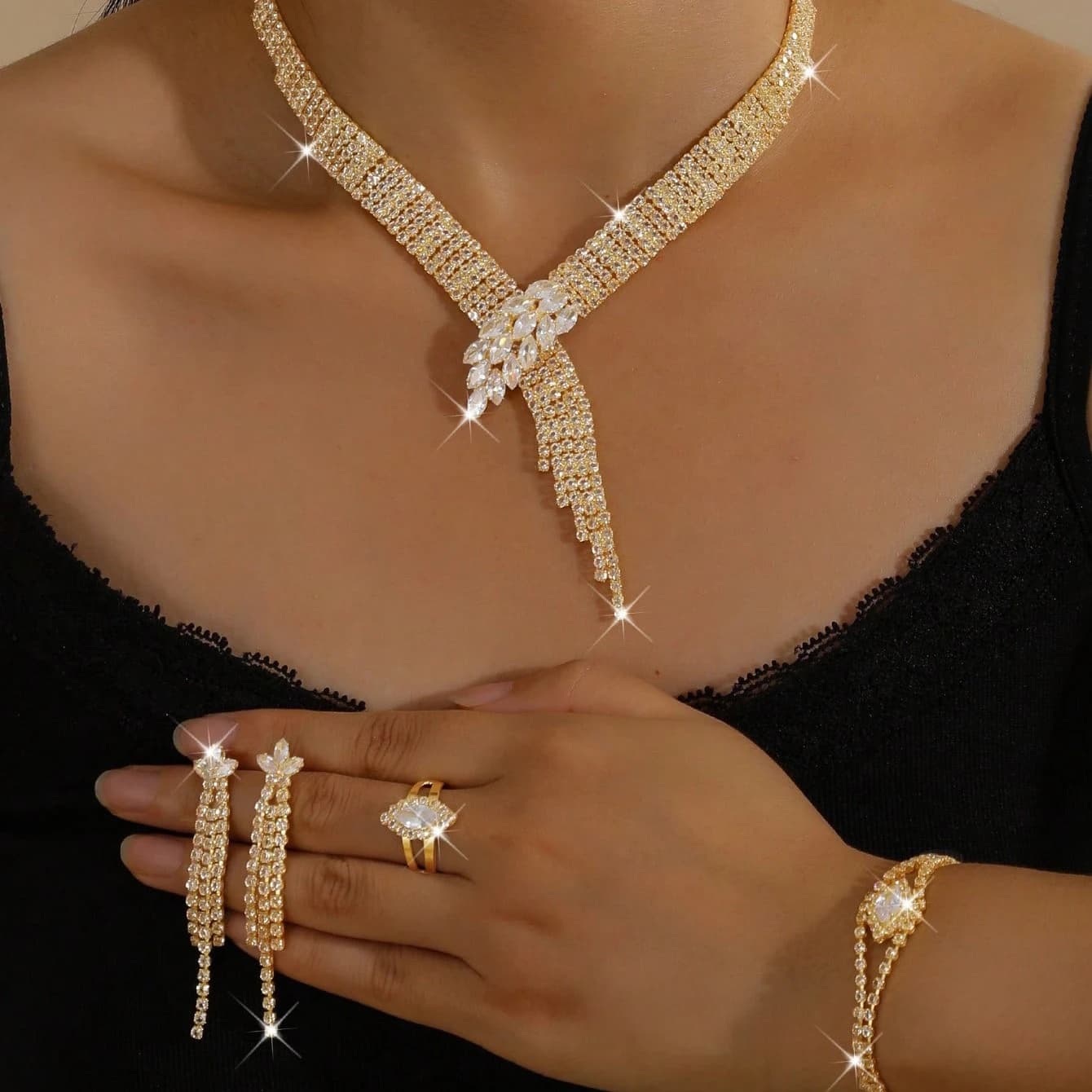 Ladies' Fashion Crystal Necklace Bracelet Earring Ring Wedding Party Elegant Jewelry Classic Jewelry Set Accessories