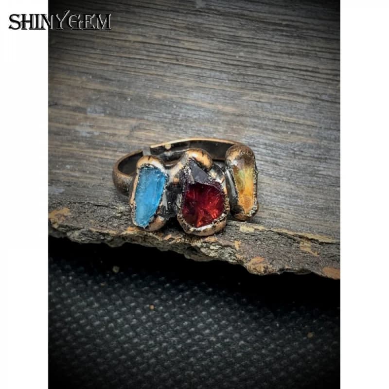 SHINYGEM Three gothic fashion jewelry rings in bronze with uneven craft edges in natural stone