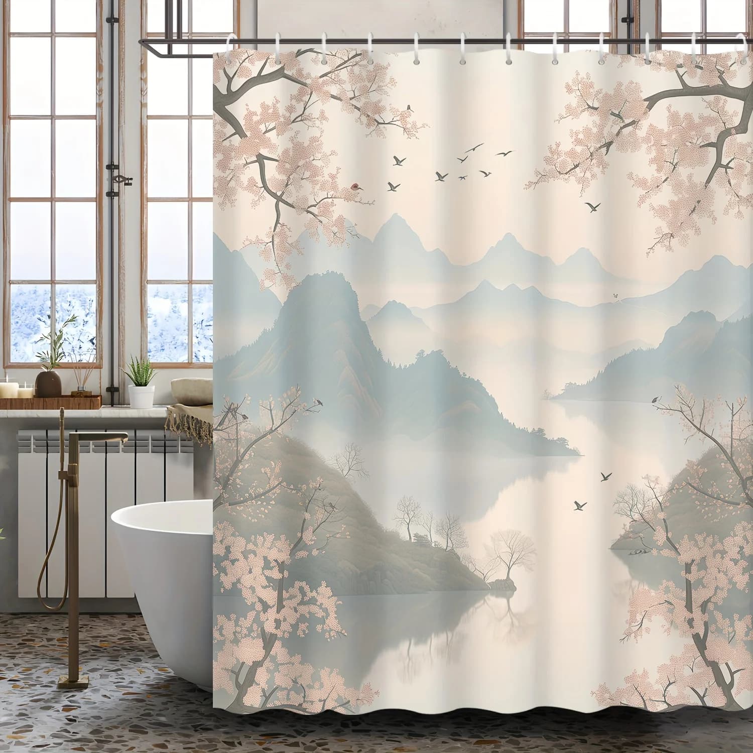 Tenda da doccia con fiori di ciliegio e fiori di pesco da 1 pezzo, tessuto in poliestere, lavabile in lavatrice, adatta per il bagno