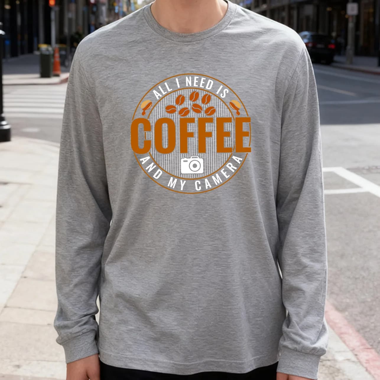 All I Need Is Coffee Men's Long Sleeved T-shirt 180g 100% cotton printed casual crew neck to wear every day soft and breathable