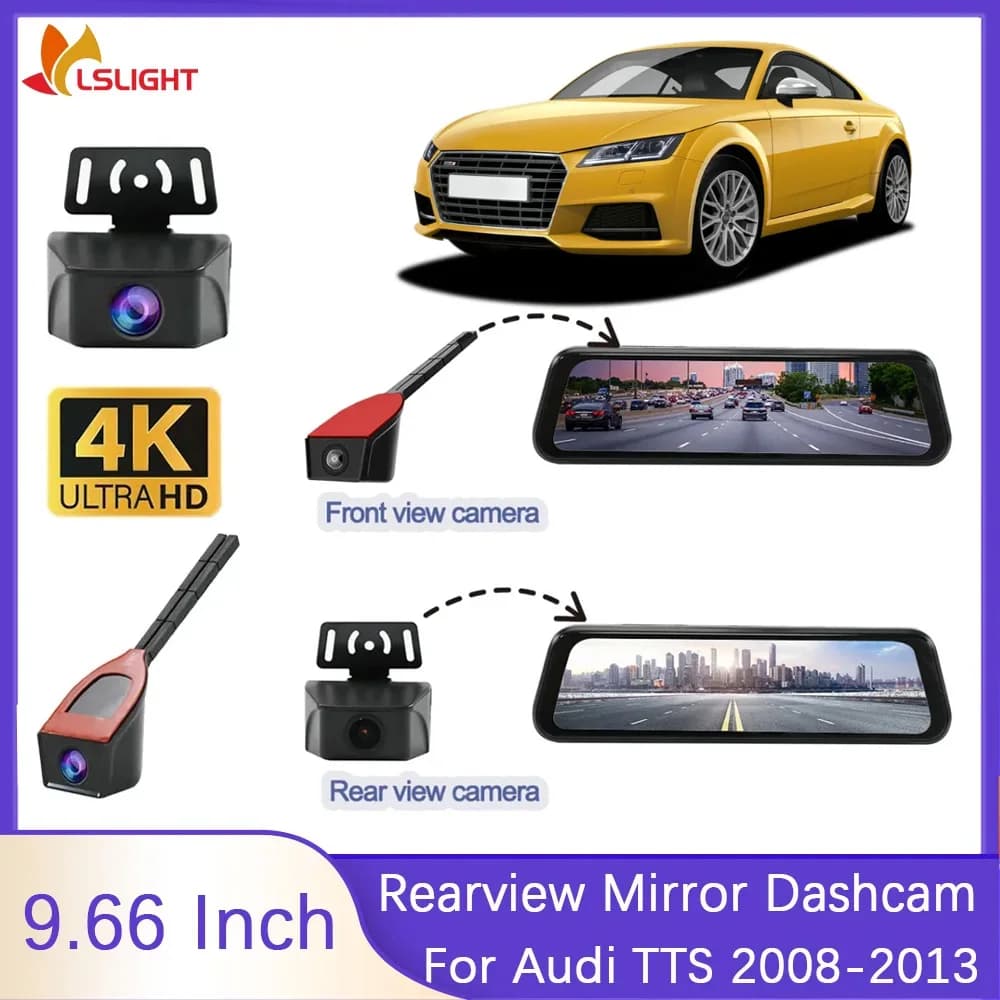 For Audi TTS 2008-2013 9.66 inches Dashcam Car Rearview Mirror with 4K Front View 1080P Camera Rearview Car Parking Monitoring System