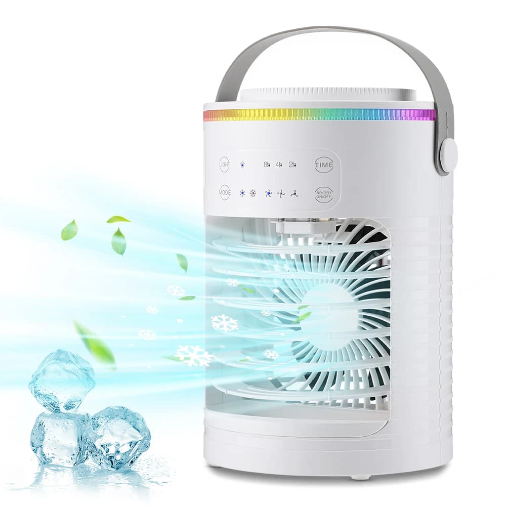 Ventilatore Portatile con Nebulizzatore, Condizionatore d'Aria USB, Ventilatore Elettrico con Luce Notturna LED, Umidificatore 3 in 1 per Casa