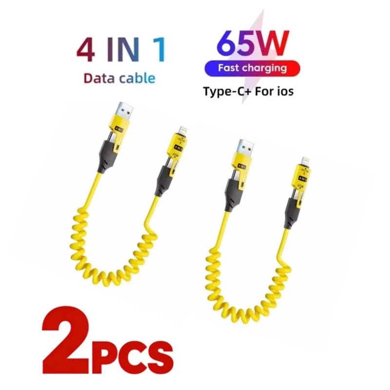 2PCS 4 in 1 65W Spring Short Data Cable 6A USB Type C Spring Telescopic Quick Charger Wire Spring USB Cable for IPhone15 141312