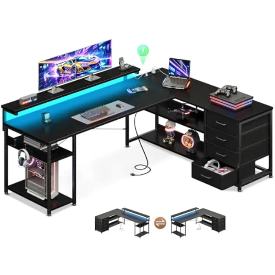 Scrivania a L da 61 Pollici con Cassetto, Scrivania per Computer con Prese di Corrente e Luci LED, Scrivania da Gaming Angolare Reversibile per Ufficio e Casa