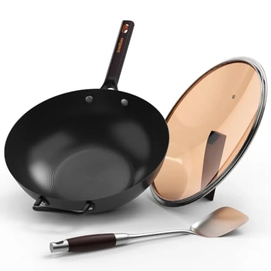 Wok Steel Caron 13.5 Inches - Pre-treated plate for Wok and Stir-fry with Cover and Spatula - For Frying and Stir-fry