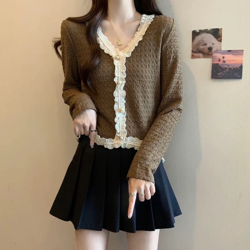 Lace Patchwork Contrast Korean T Shirts Women Clothing New Long Sleeve Youth All-match Sweet Tops Fashion Casual Spring Autumn