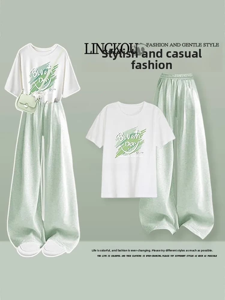 T-shirt estiva casual a maniche corte e pantaloni a gamba larga, set da due pezzi, completo alla moda da donna, abbigliamento leggero e traspirante