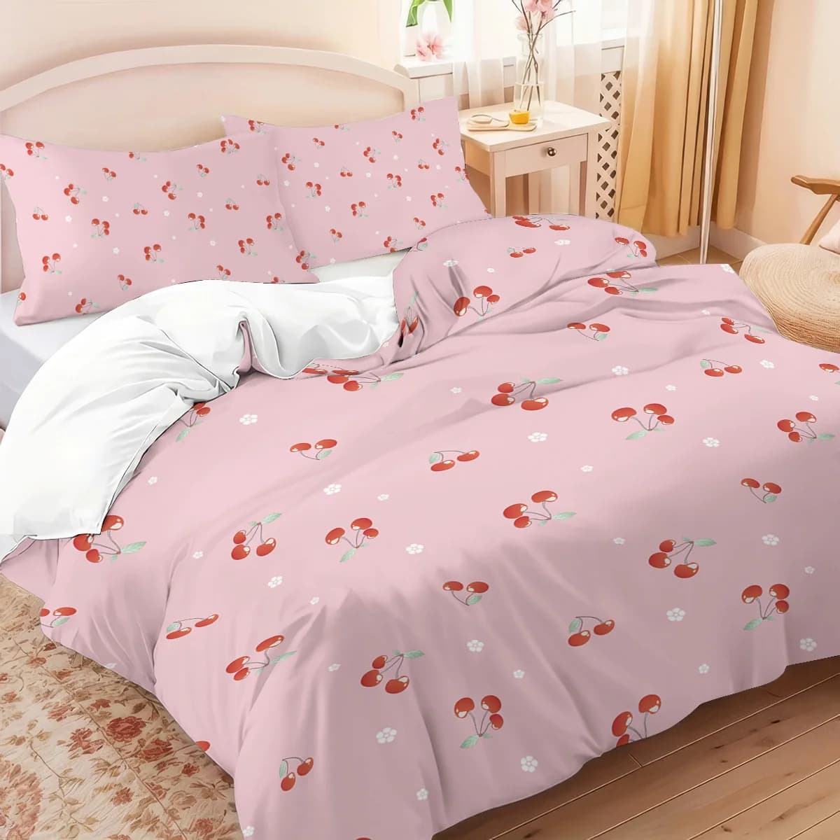 Set duvet cover with cherry pattern and pink bow from 3 pieces, 1 pillow cover+2 pillowcase, without soul. Soft and comfortable bed linen set
