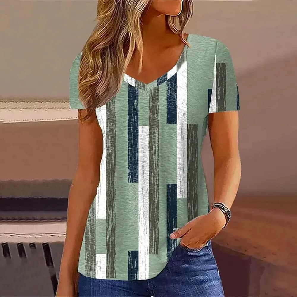 T-shirt da donna nuova estate con scollo a V Tee allentato casual Top strisce divertente stampato abbigliamento femminile streetwear donna pullover magliette