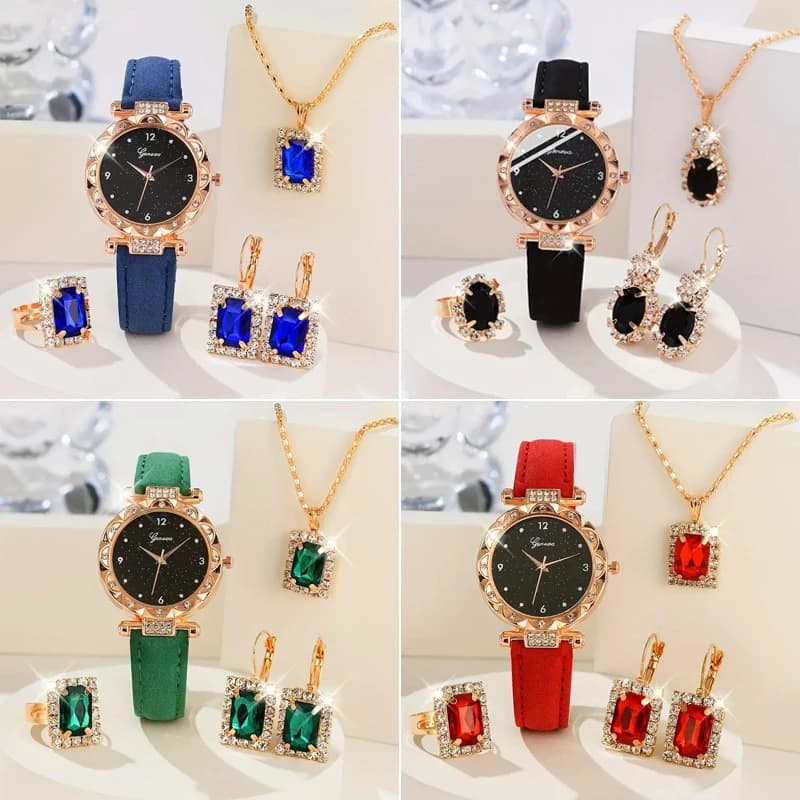 Women's Watch 5 Piece Deluxe Rhinestone Watch Fashion Gift Bracelet Elegant Ring Earrings Ring Gift Set for Girls