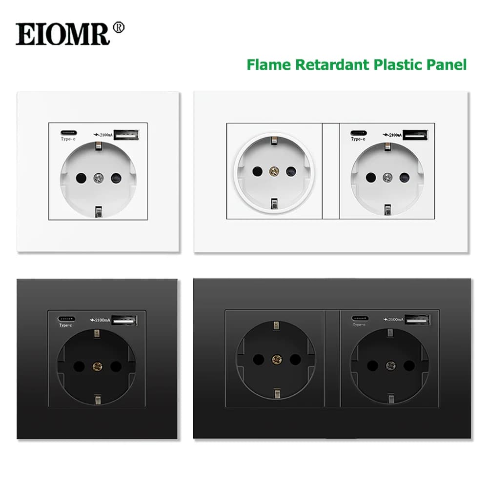 Power socket Standard ue eomr, single black and double PC panel socket 220V 16A, wall type C Usb socket for home