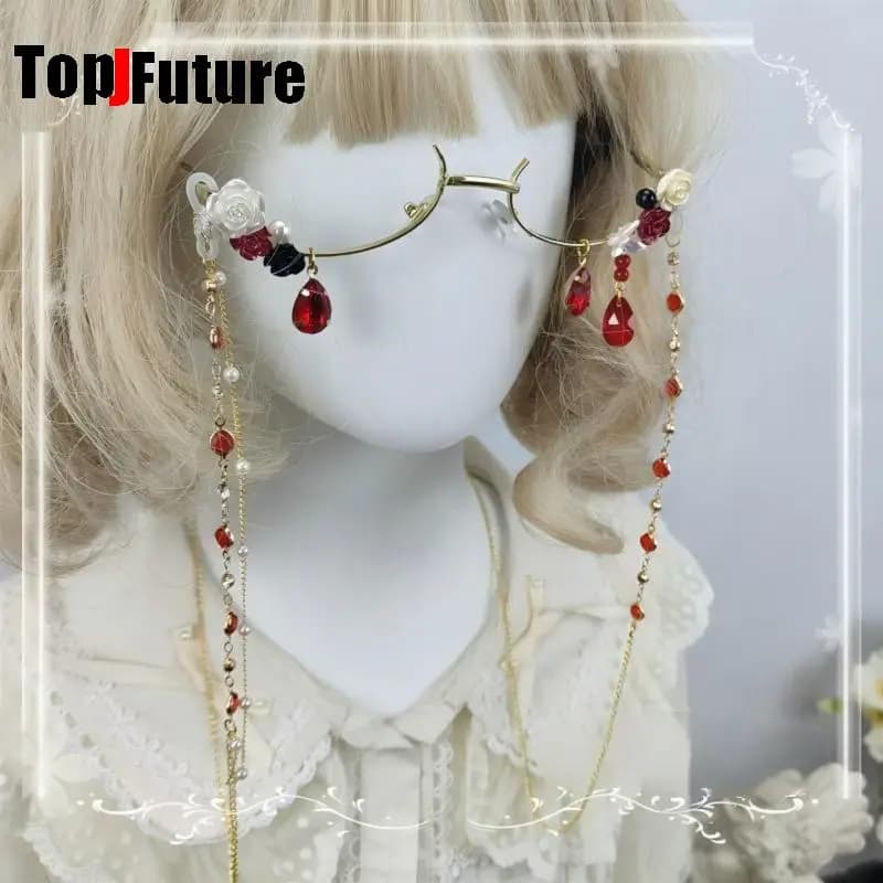 Women Harajuku Subculture Lolita girl Handmade Fairy Floral Half Frame Glasses Elegant Tear Drop Chain Pendant Vintage Glasses