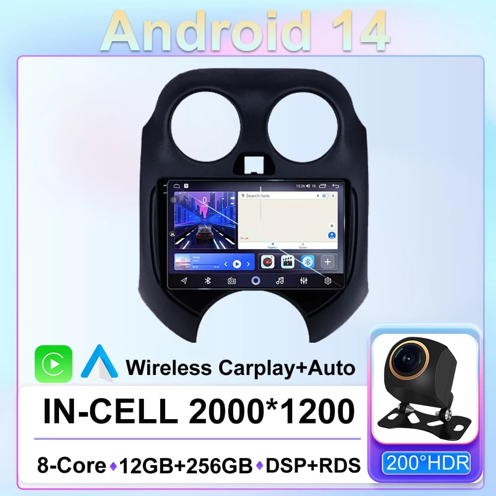 For Nissan March Micra 2010-2013 Car video Carplay Multimedia GPS Navigation Screen Android 14 Auto Radio 5G Wifi Stereo Video