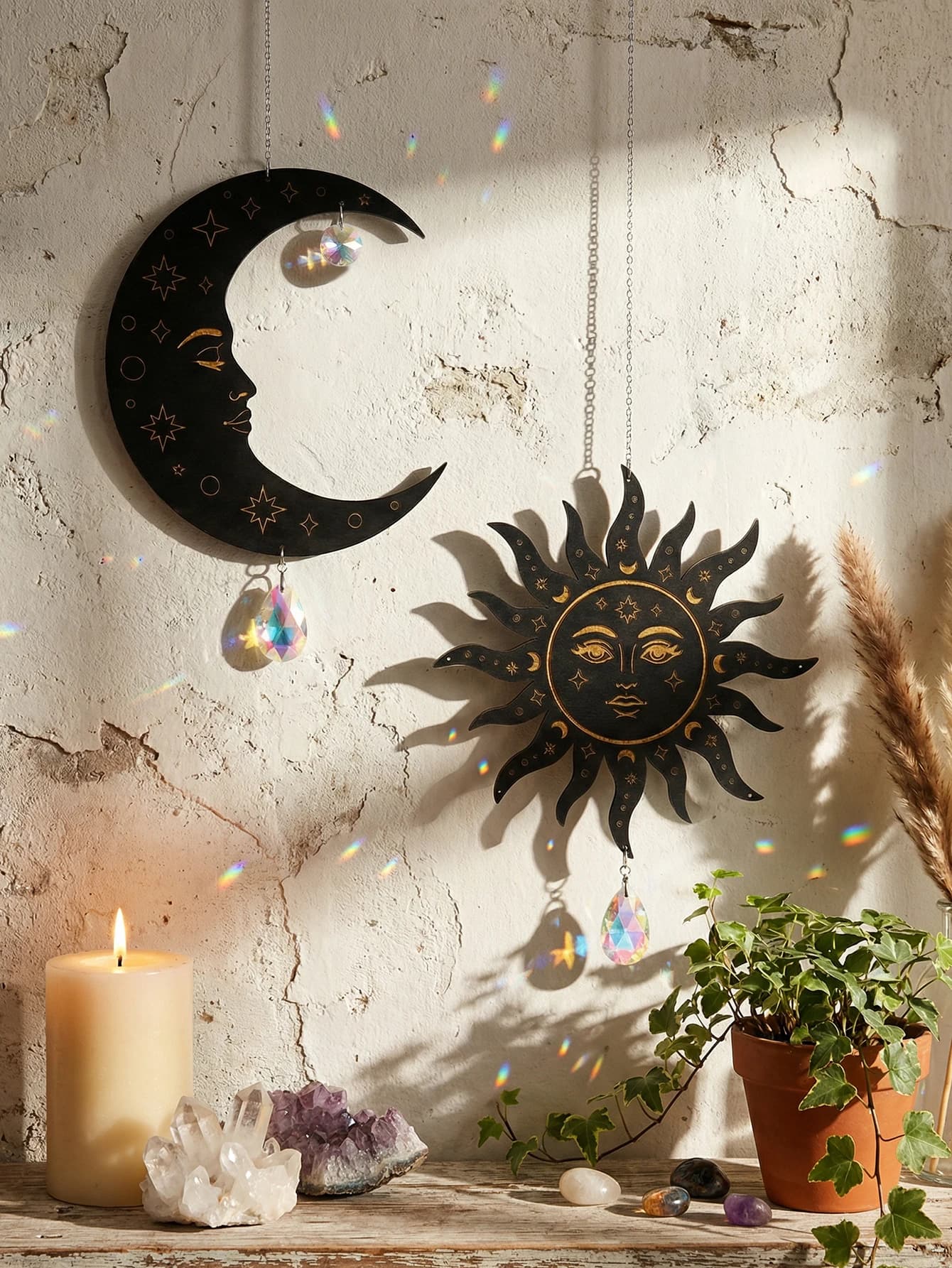 Black Sun Moon Face Wall Hanging Crystal Prism Suncatcher Boho Celestial Star Pattern Window Ornament Witchy Home Wall Art Decor