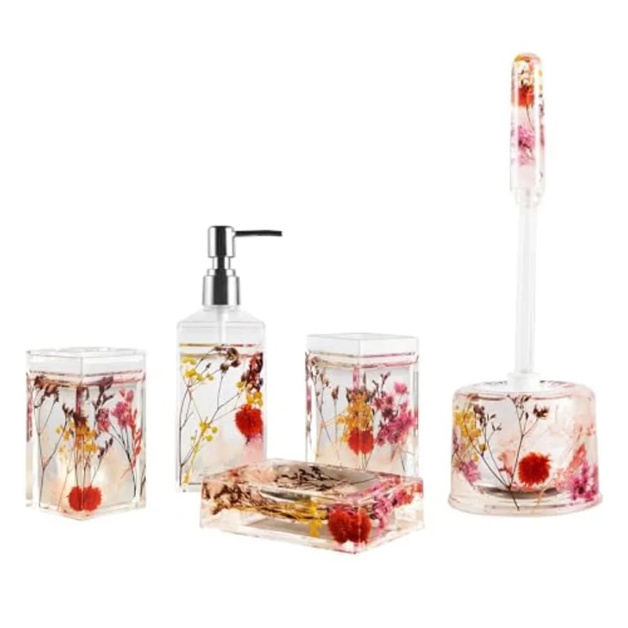 Set di accessori per bagno in acrilico liquido 3D con movimento fluttuante: Portaspazzolino, Bicchiere, Dispenser sapone, Portasapone, Scopino WC