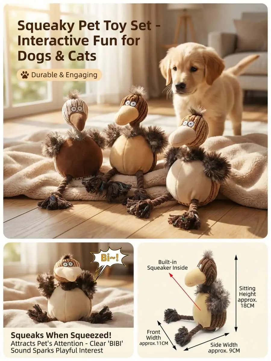 Squeaky Bird Plush Dog Toy Set For Dogs And Cats Interactive Play Durable