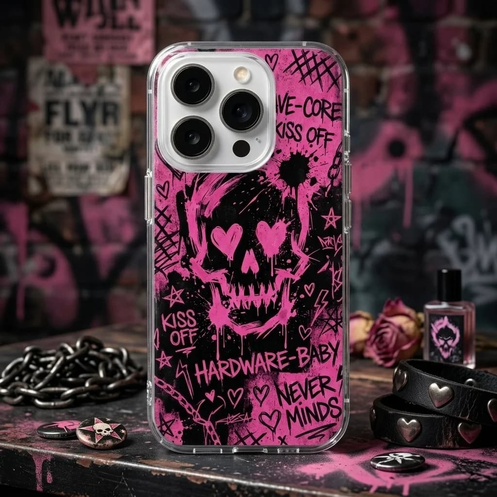 1pc Pink Skull Clear Case for iPhone 16 Pro, Punk Graffiti Soft TPU Shockproof Phone Cover, Anti Scratch Protection