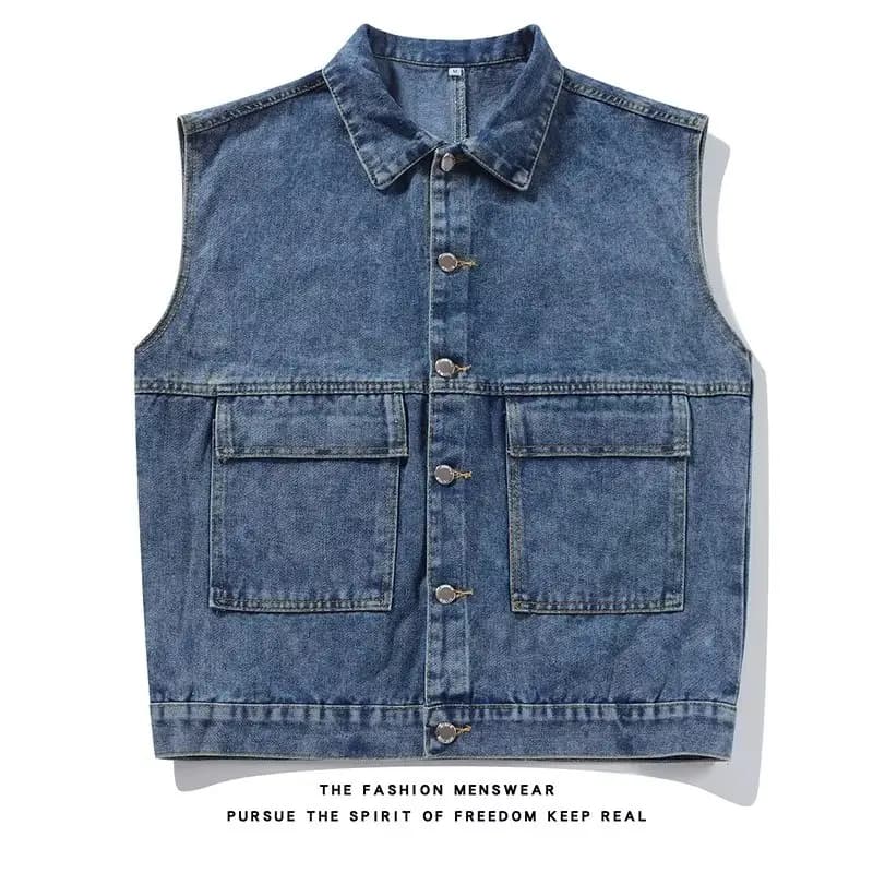 Retro Workwear Denim Vest Loose Unisex Autumn Korean Style Chic Trendy Sleeveless Jacket Male Model Casual Loose Fit Vest