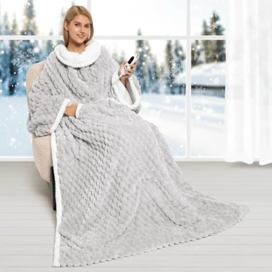 Coperta Elettrica Riscaldante Morbida in Flanella e Sherpa, Coperta Riscaldante Indossabile con Maniche, 6 Livelli di Calore