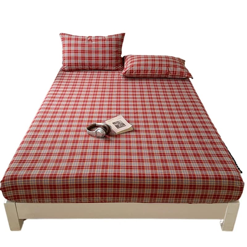 Cotton Linen Fitted Sheet Tartan design Mattress Cover Elastic Deep Pocket Anti-Slip for Twin Full Queen King Size Bed