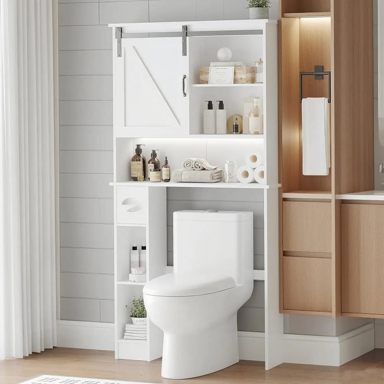 Armadietto portaoggetti sopra il WC con doppia anta, porta carta igienica e ripiani aperti, armadietto portaoggetti alto per WC indipendente S