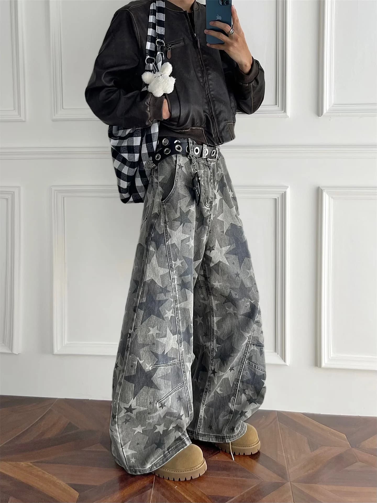 American Sle Deconstructed Waed Camouflage Denim Jeans Men's Heavy Du Star Print High Street Loose Hip Hop Long Trousers