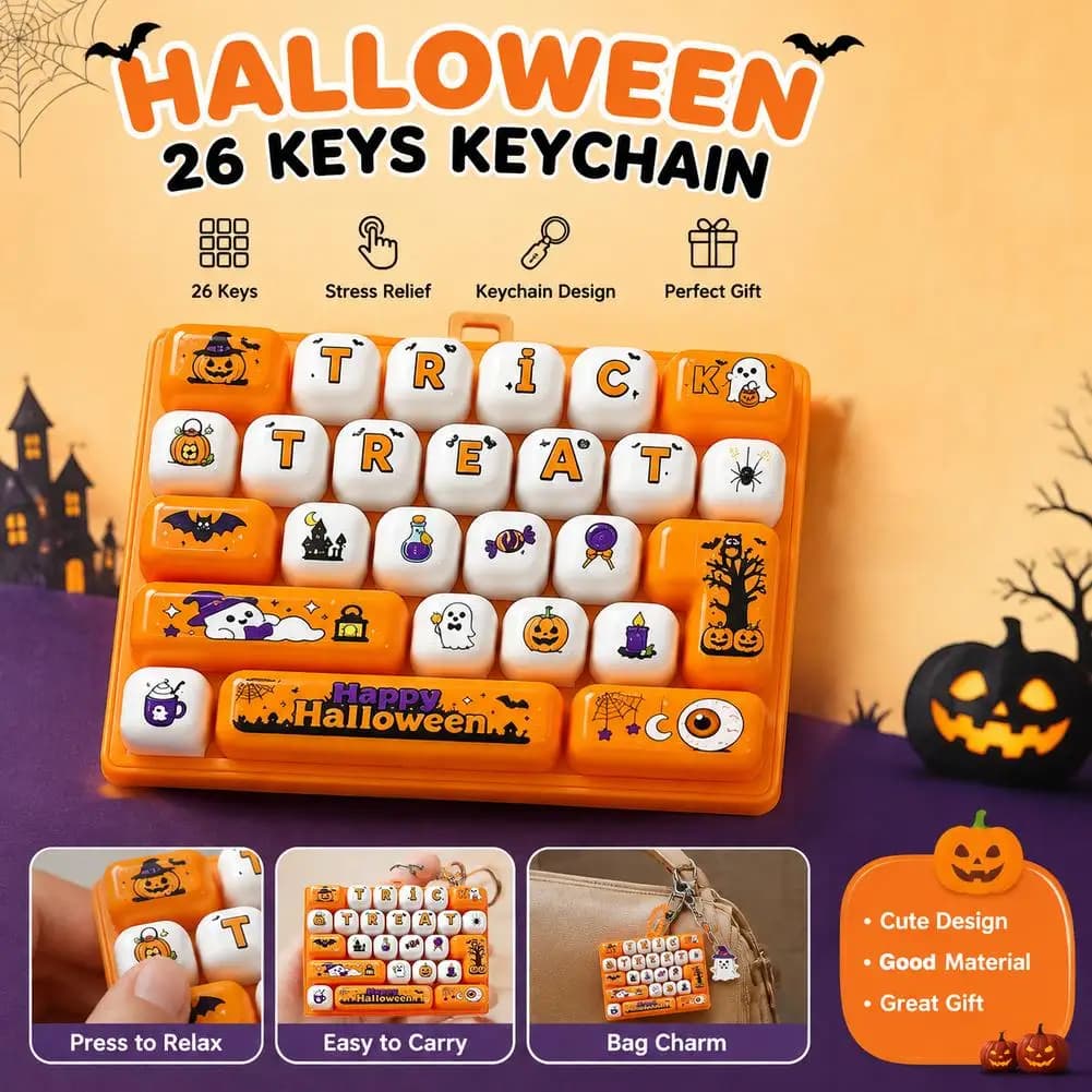 Halloween Cute Cartoon 26 Keys Fidget Toys Keyboard Keychain Soft Silicone Stress Relief Kids Party Gift Backpack Decor