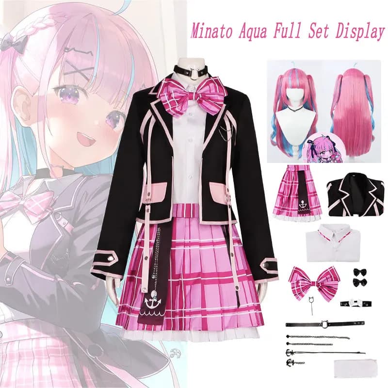 Hololive Minato Aqua Cosplay Costume Full Set Wig Pink Plaid Skirt Jacket Vtuber School Uniform Halloween Outfit