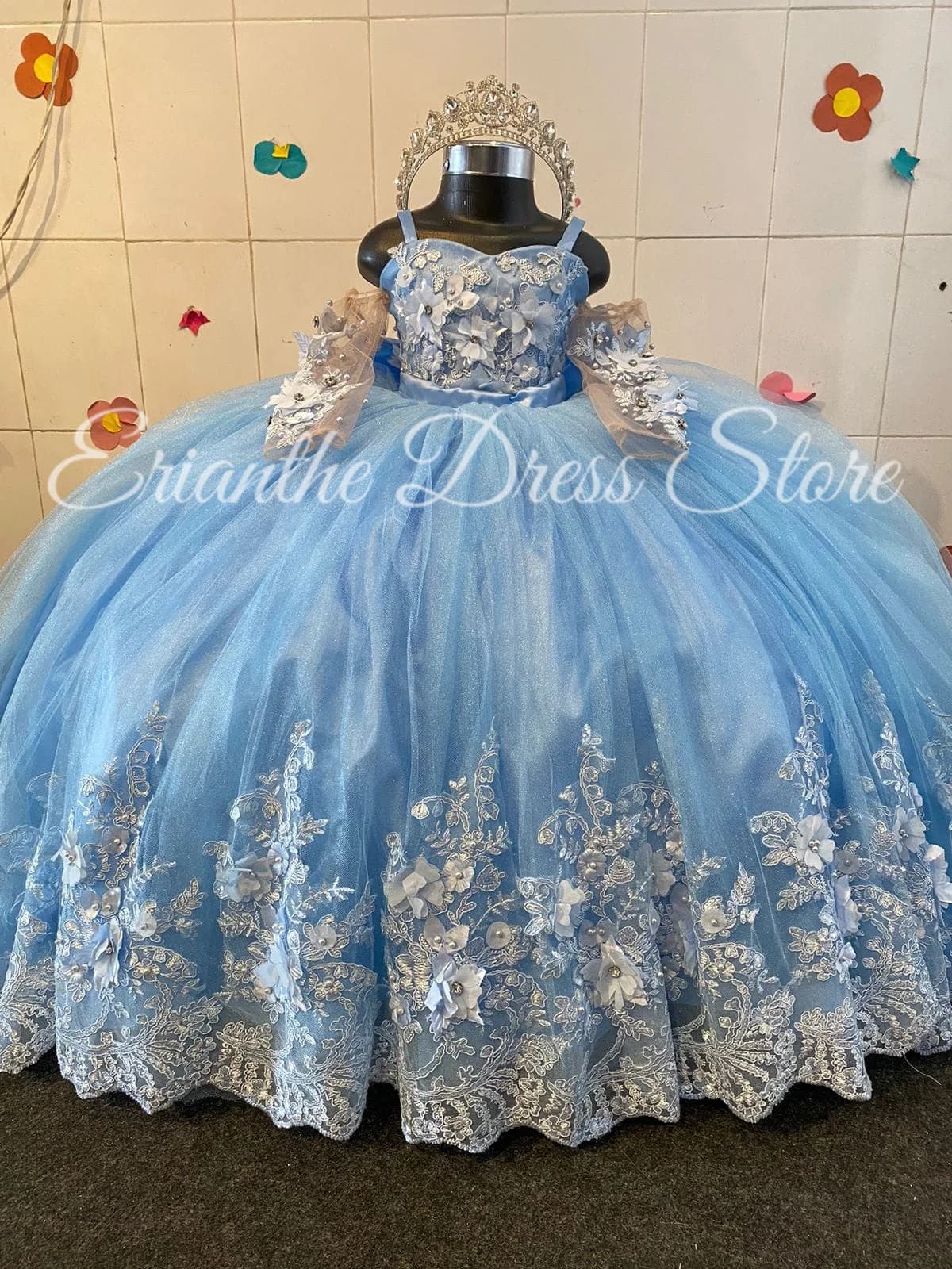 Abito da ragazza di fiore principessa gonfio in tulle con applicazioni 3D azzurro cielo per matrimoni, feste di compleanno per bambini, abiti da ballo per prima comunione personalizzati