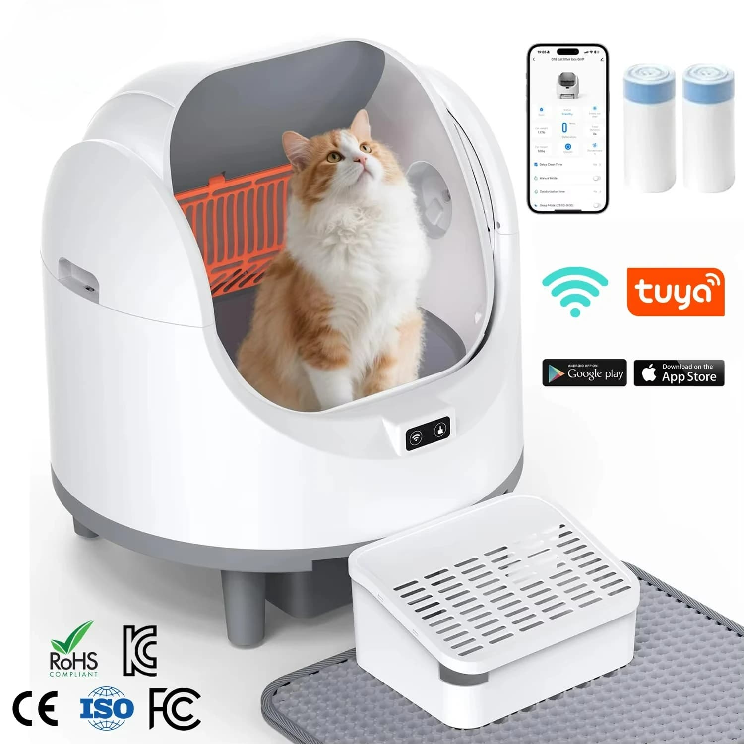 Lettiera per Gatti Autopulente con Controllo App, Sensori di Sicurezza Doppi, Design a Coperchio Aperto, Include Cartuccia Profumata