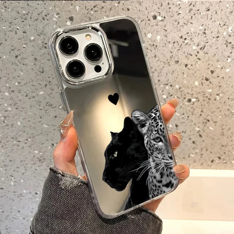 Fashion Black Panther & Leopard Pattern Mirror Phone Case for iPhone 17 16 15 Plus 14 Pro 12 11 13 Pro Max 16E Protective Cover