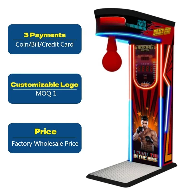 Arcade boxing emulator with boxing bag for coins and street entertainment
