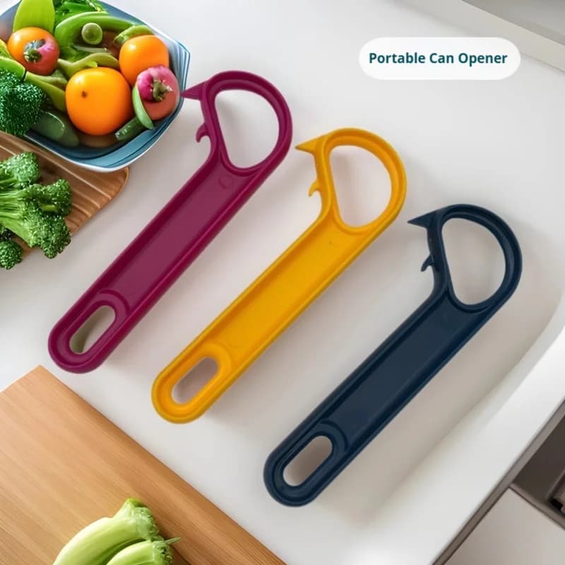 Generic opener with opening ring, multicolor plastic ergonomic handle, easy to use, kitchen tool for home use, for elderly people.